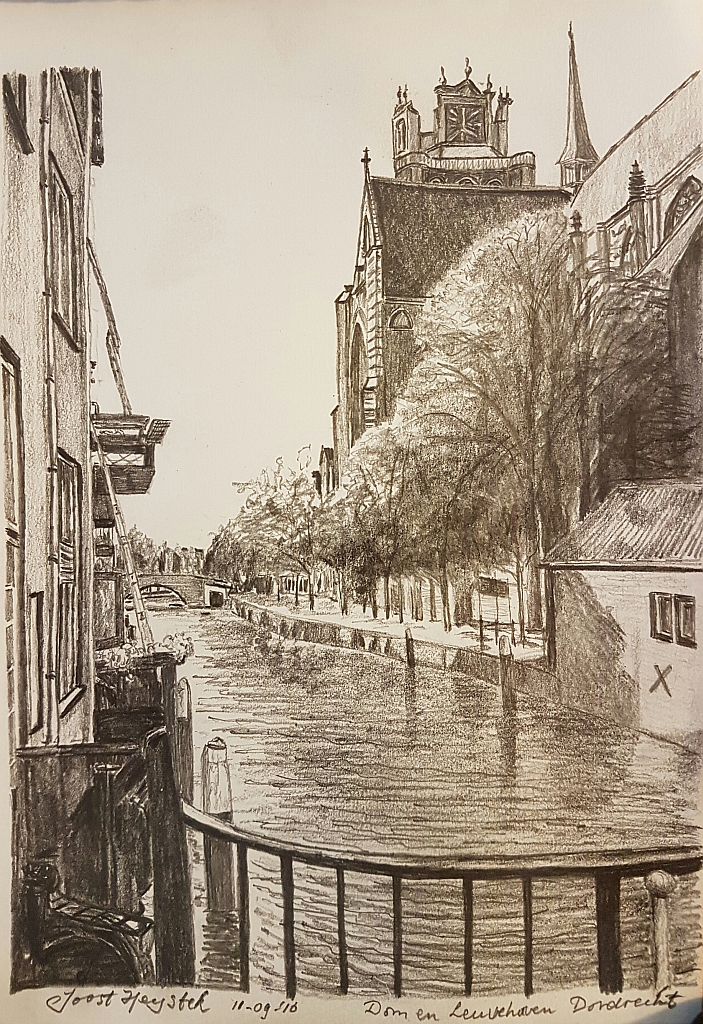 Dordrecht. Leuvehaven met Dom tekening Joost Heystek